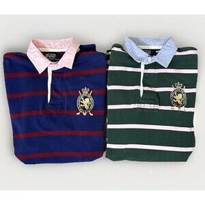 VTG Lot X2 Polo Ralph Lauren Polo Shirts Men M Stripe Crest Rugby Preppy Classic